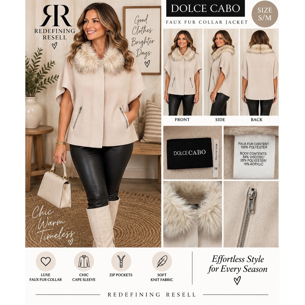 Dolce Cabo Beige Faux Fur Collar Knit Cape Jacket Zip Pockets Size S/M